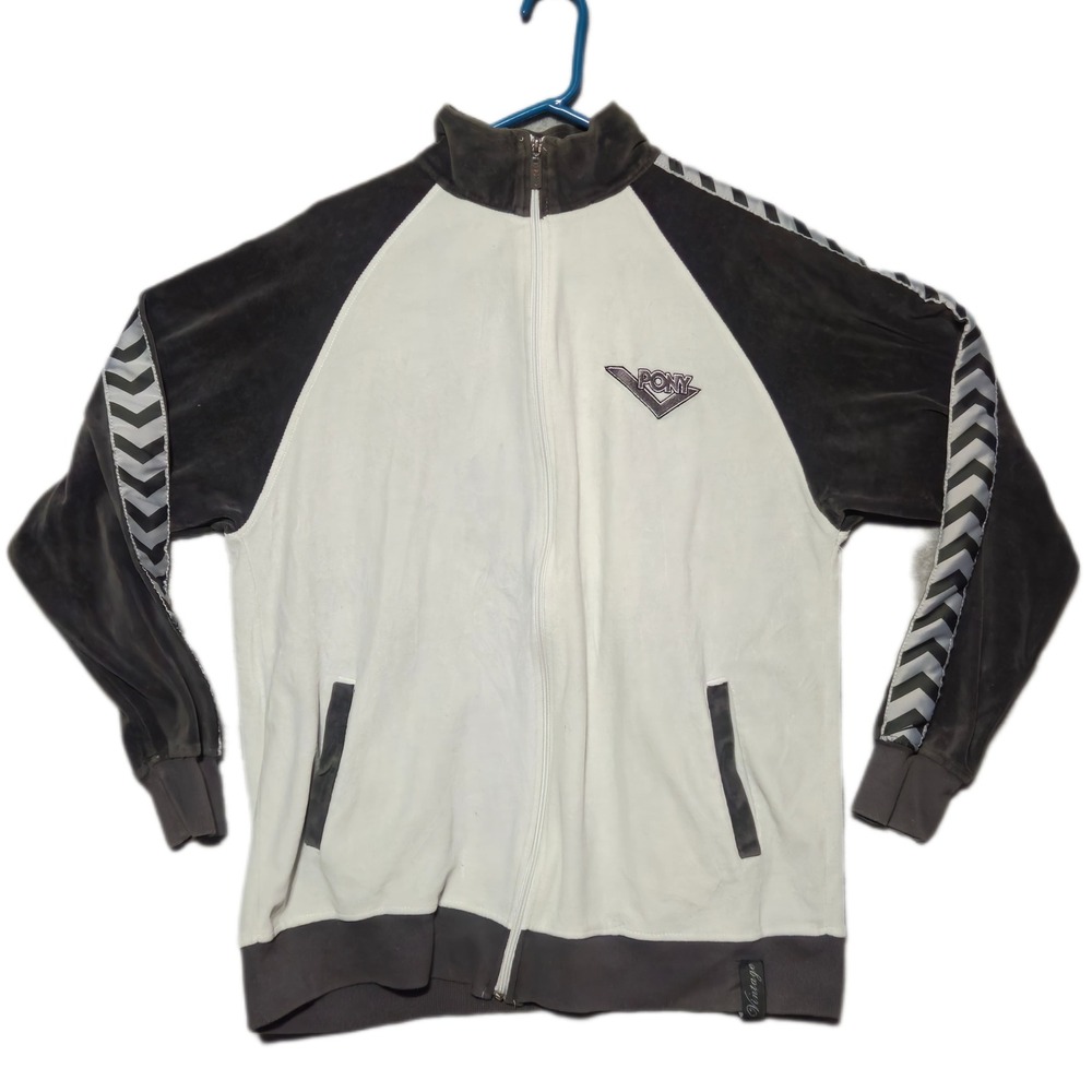 Pony Track Jacket Mens L White Gray Velour Full Zip Chevron Tape 2009 Vintage